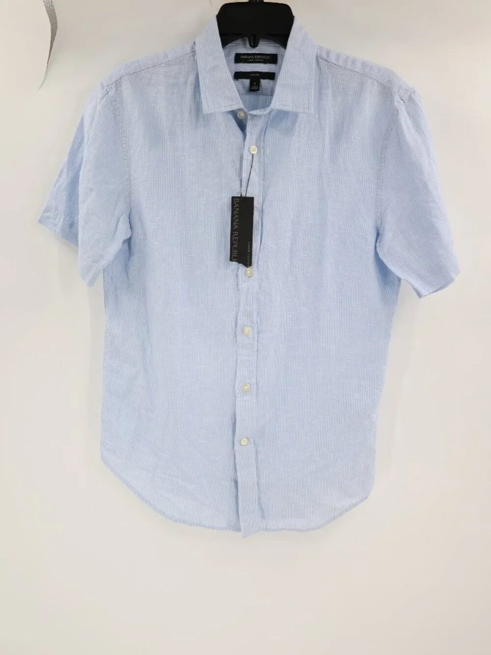 NWT Banana Republic Shirt Mens Small Linen Cotton Slim Fit Striped Short Sleeve